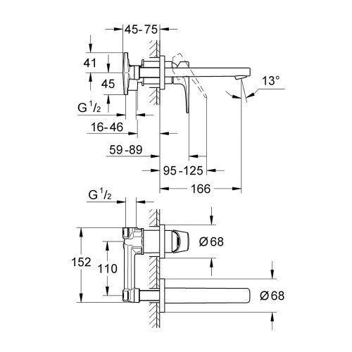 Vòi chậu âm tường 2 lỗ Grohe BauFlow 20287000 đã bao gồm bộ âm