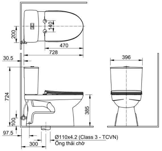 Bàn cầu hai khối + nắp rửa cơ Inax C-514A+CW-S15VN