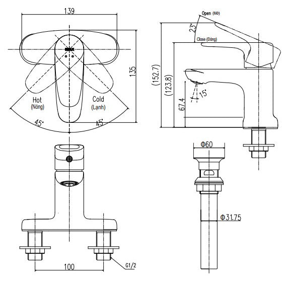 Vòi chậu 3 lỗ nóng lạnh Inax LFV-1111S