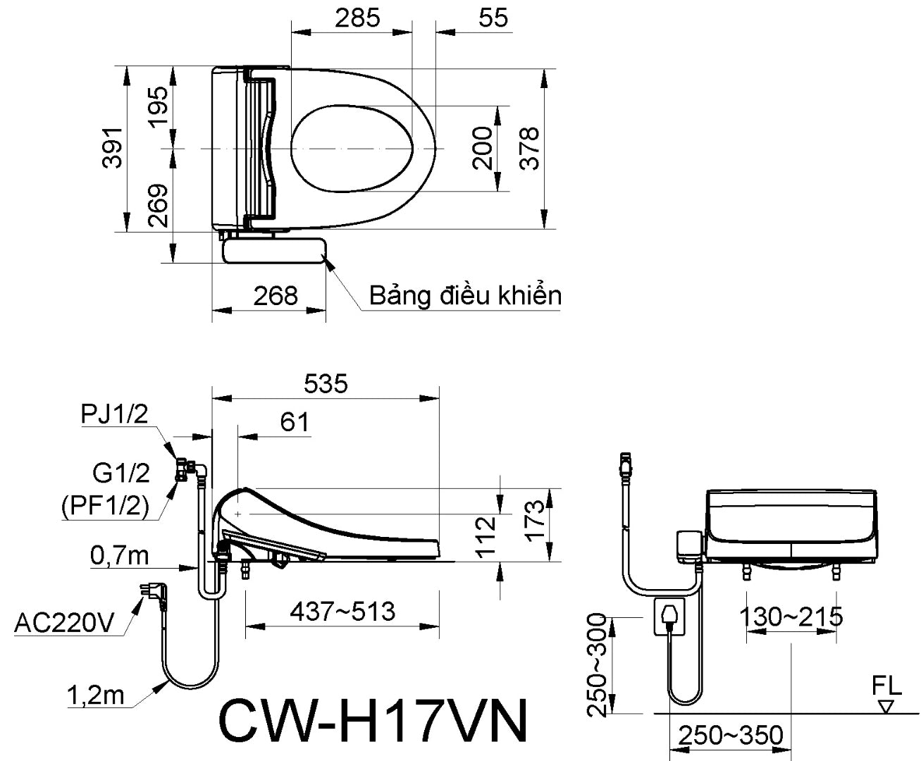 Bàn cầu treo tường + nắp rửa điện tử Inax AC-23P+CW-H17VN