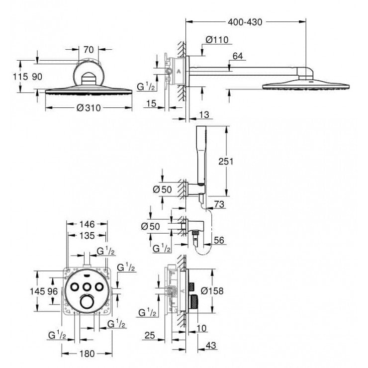 Bộ sen âm gắn tường Grohe Grohtherm SmartControl 34705000