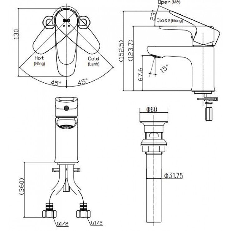 Vòi chậu 1 lổ nóng lạnh Inax LFV-1112S