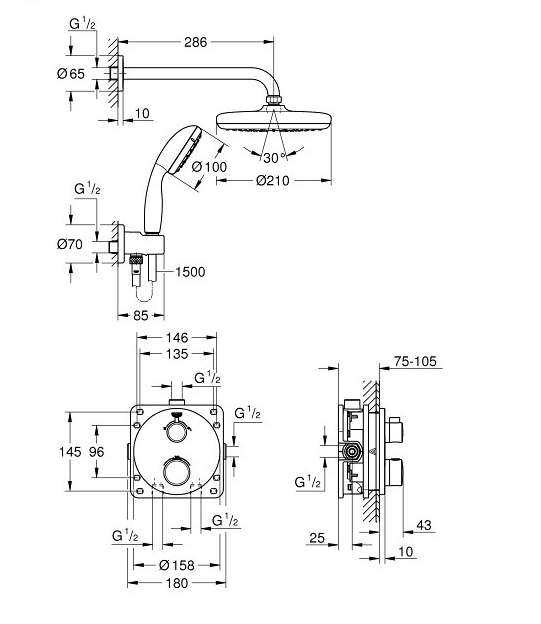 Bộ sen âm tường ổn nhiệt Tempesta 210 Grohe 34727000