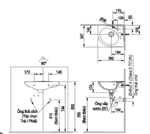Chậu treo tường góc Inax L-281V ( không vòi)