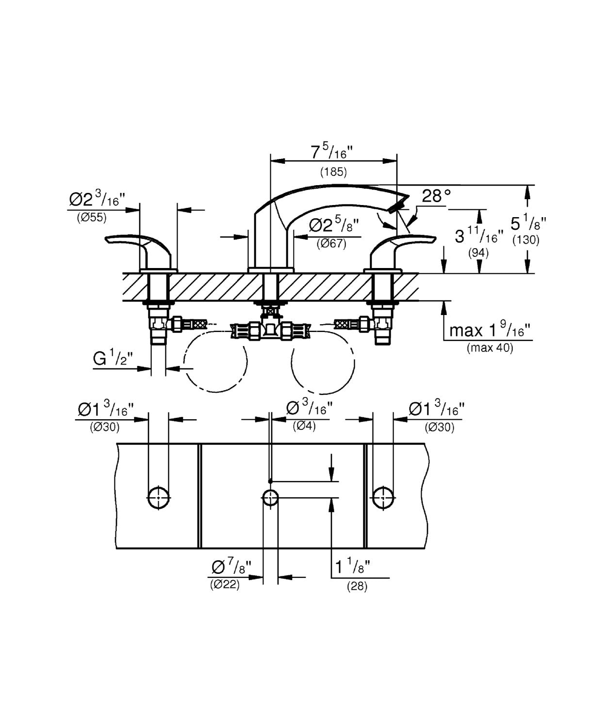 Vòi chậu 3 lỗ Grohe Eurosmart 25168002