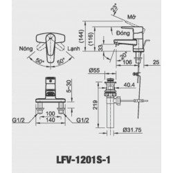 Vòi chậu 3 lỗ nóng lạnh Inax LFV-1201S-1